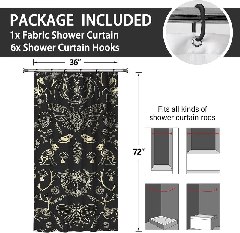 TSLOVER Halloween Black and Gold Goth Skull Narrow Shower Curtains,Spooky Gothic and Skull Shower Curtain for Bathroom,Witchy Waterproof Polyester Fabric Stall Bath Curtain Decor,36x72 in - Image 2